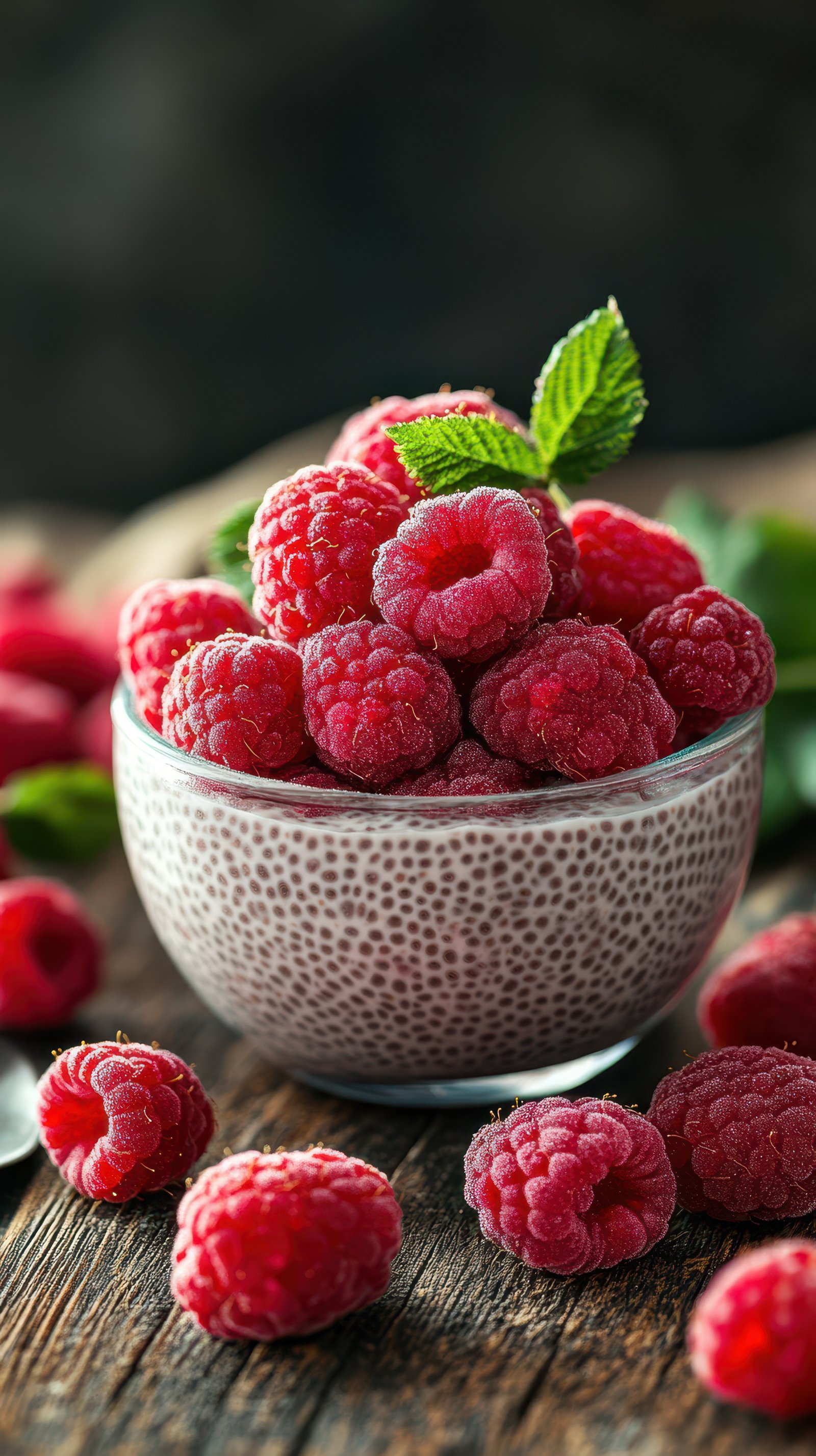Chia pudding topped with ripe raspberries and mint served on a rustic wooden table
